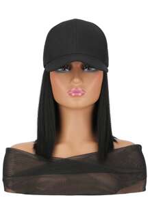 10 Inch Màu Đen Sợi Tổng Hợp Chịu Nhiệt Mờ Mũ Bóng Chày Tóc Giả Kiểu Bob, Thích Hợp Để Mặc Hàng Ngày, Có Mũ Tóc Giả - màu đen - Xem 7