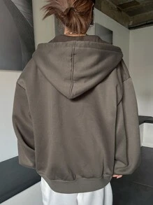 DAZY 拉鍊式下垂肩束口保溫連帽衛衣 - 咖啡棕 - 查看 2