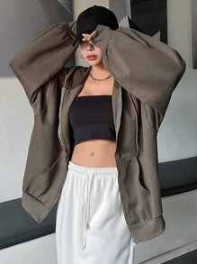 DAZY 拉鍊式下垂肩束口保溫連帽衛衣 - 咖啡棕 - 查看 3