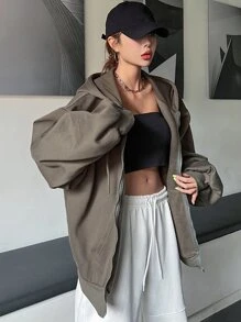 DAZY 拉鍊式下垂肩束口保溫連帽衛衣 - 咖啡棕 - 查看 4