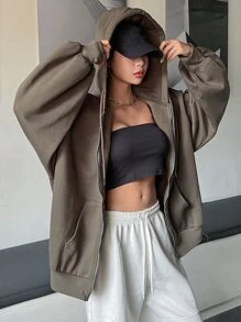 DAZY 拉鍊式下垂肩束口保溫連帽衛衣 - 咖啡棕 - 查看 6