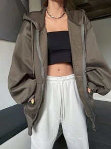 DAZY 拉鍊式下垂肩束口保溫連帽衛衣 - 咖啡棕 - 查看 7