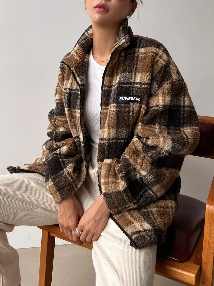 DAZY Plaid Letter Patched Drop Shoulder Drawstring Hem Teddy Coat - Multicolor - View 1