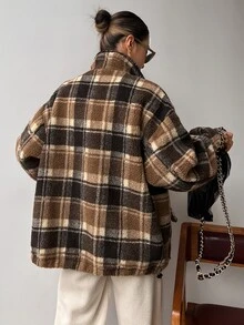 DAZY Plaid Letter Patched Drop Shoulder Drawstring Hem Teddy Coat - Multicolor - View 2