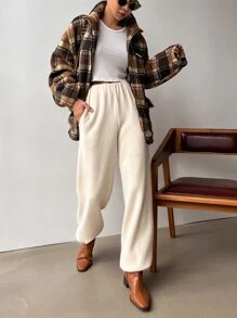 DAZY Plaid Letter Patched Drop Shoulder Drawstring Hem Teddy Coat - Multicolor - View 7