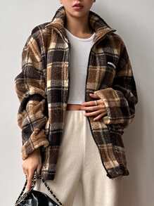 DAZY Plaid Letter Patched Drop Shoulder Drawstring Hem Teddy Coat - Multicolor - View 4