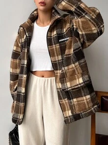 DAZY Plaid Letter Patched Drop Shoulder Drawstring Hem Teddy Coat - Multicolor - View 8