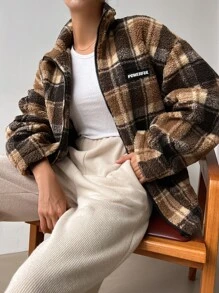 DAZY Plaid Letter Patched Drop Shoulder Drawstring Hem Teddy Coat - Multicolor - View 6