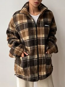 DAZY Plaid Letter Patched Drop Shoulder Drawstring Hem Teddy Coat - Multicolor - View 9