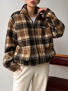 DAZY Plaid Letter Patched Drop Shoulder Drawstring Hem Teddy Coat - Multicolor - View 5