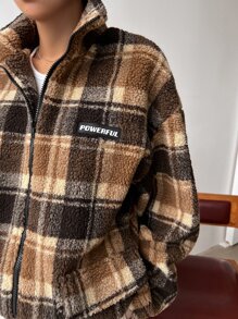 DAZY Plaid Letter Patched Drop Shoulder Drawstring Hem Teddy Coat - Multicolor - View 3