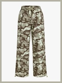 SHEIN ICON Camo Print Drawstring Waist Parachute Trousers - Multicolor - View 1