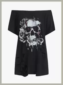 ROMWE PUNK 骷髏和花卉印花一字肩T恤不附腰帶
