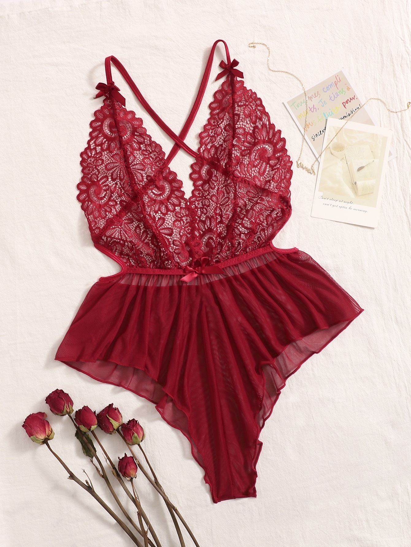 Contrast Lace Sheer Mesh Backless Cross Teddy Bodysuit Lingerie