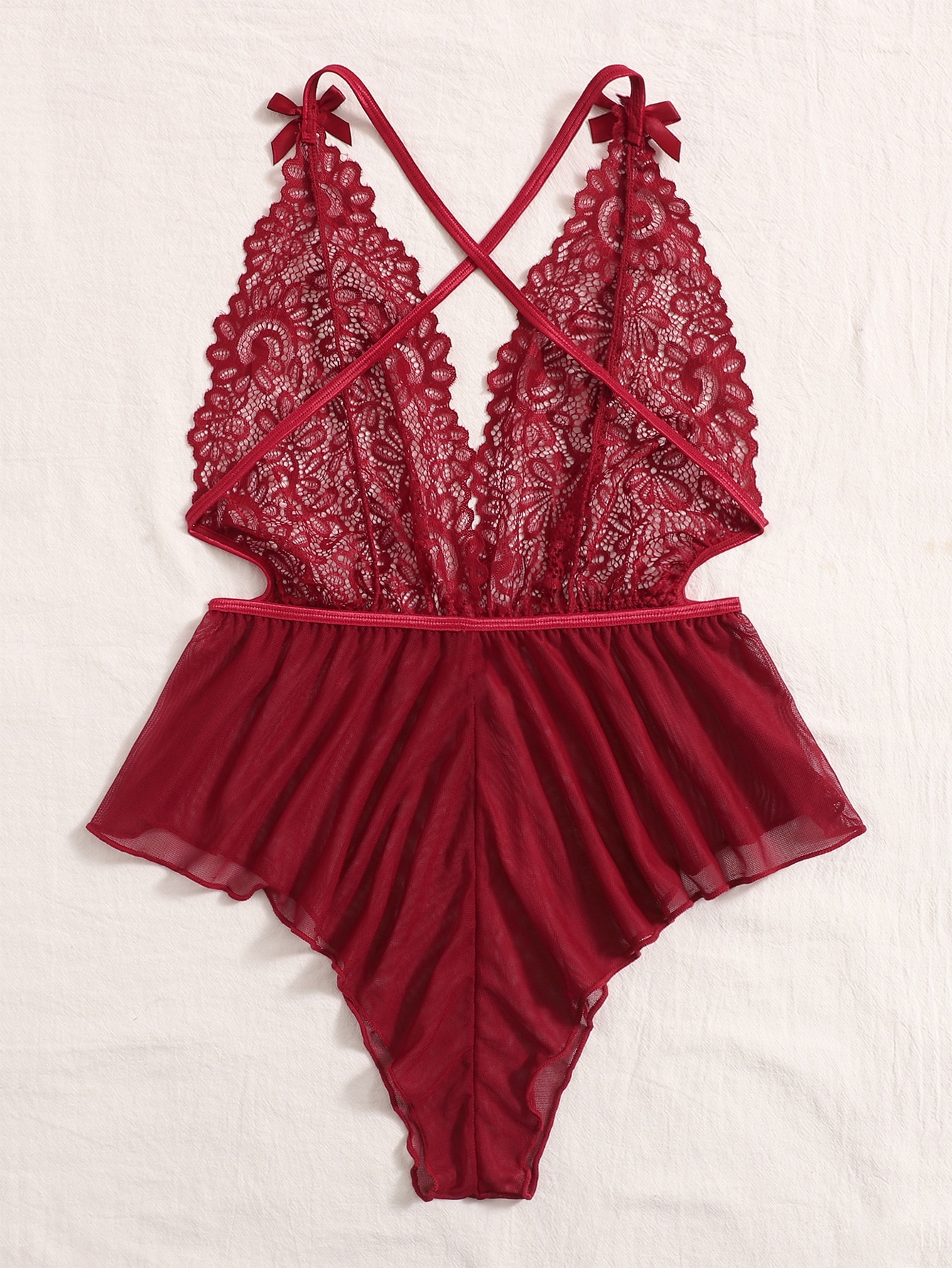 Contrast Lace Sheer Mesh Backless Cross Teddy Bodysuit Lingerie