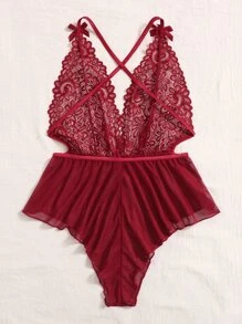 SHEIN 对比色蕾丝透明网眼露背交叉连体衣内衣 - 酒紅色 - 查看 2