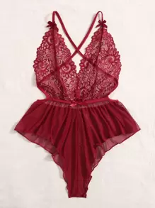 SHEIN 对比色蕾丝透明网眼露背交叉连体衣内衣 - 酒紅色 - 查看 3