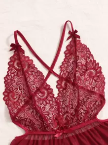 SHEIN 对比色蕾丝透明网眼露背交叉连体衣内衣 - 酒紅色 - 查看 5