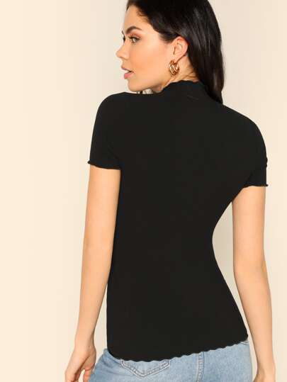 SHEIN Clasi 블랙 여름 기본 일상용 모크넥 레터스 트림 리브드 핏 티셔츠, 여성용 우아한 캐주얼 블라우스, 해변, 축제, 휴가, 사무실, 웨딩 게스트용