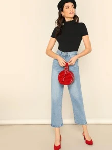 SHEIN Clasi Camiseta ribete en forma de lechuga de cuello alto - Negro - Ver 5