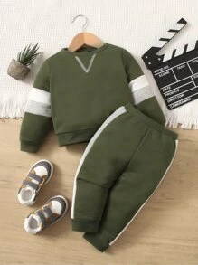 SHEIN Leap Crew Đứa bé trai Khối màu Áo len & Quần nỉ - xanh quân đội - Xem 1