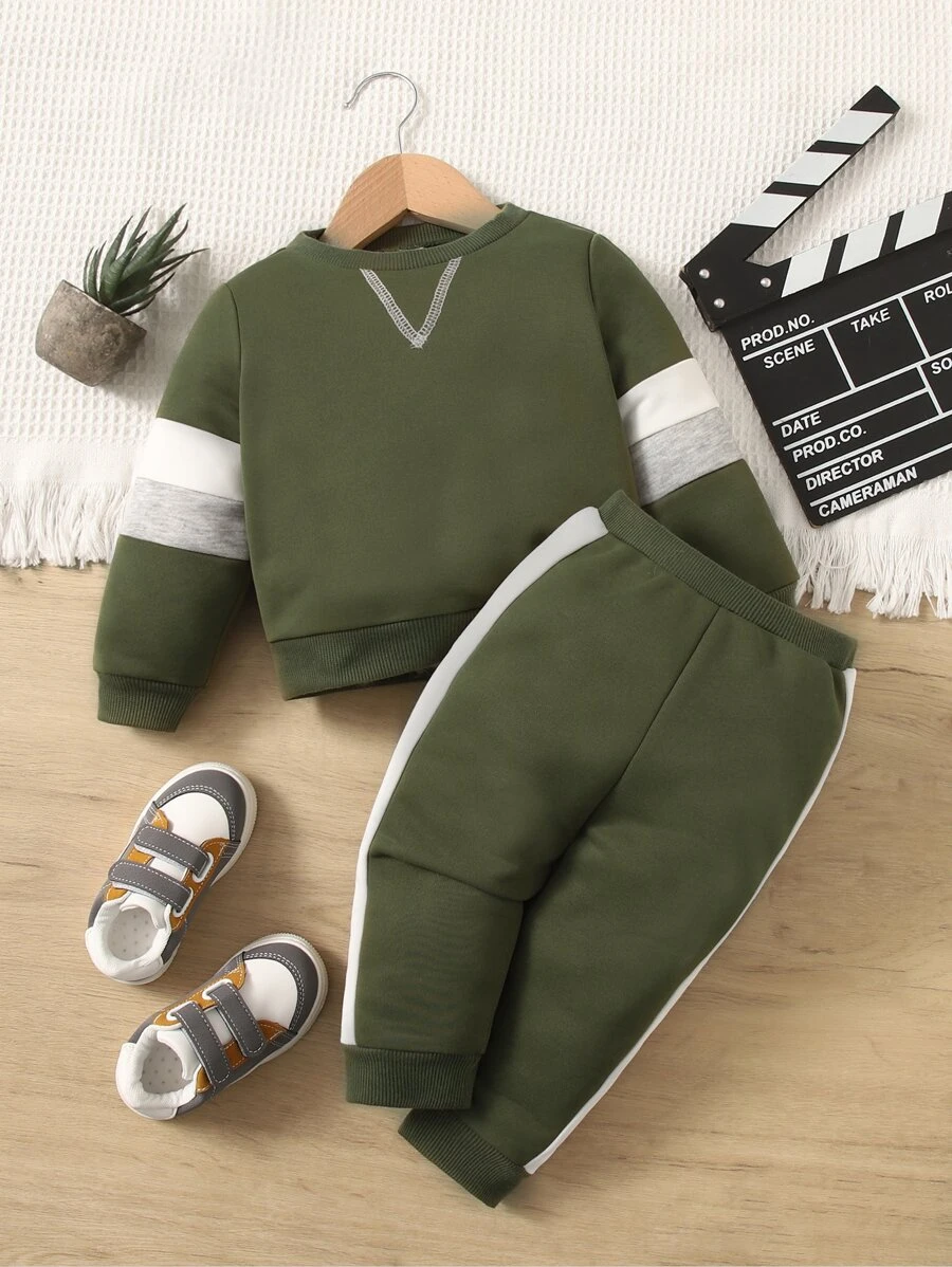 SHEIN Leap Crew Đứa bé trai Khối màu Áo len & Quần nỉ - xanh quân đội - Xem 1