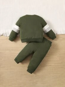 SHEIN Leap Crew Đứa bé trai Khối màu Áo len & Quần nỉ - xanh quân đội - Xem 2