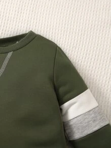 SHEIN Leap Crew Đứa bé trai Khối màu Áo len & Quần nỉ - xanh quân đội - Xem 3