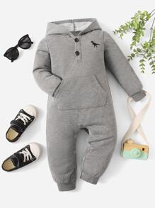 SHEIN 男嬰恐龍刺繡袋鼠口袋連帽連身褲 - 灰色 - 查看 6