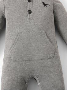 SHEIN 男嬰恐龍刺繡袋鼠口袋連帽連身褲 - 灰色 - 查看 4