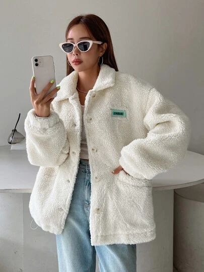 DAZY 字母拼接抽绳下摆纽扣泰迪熊外套，冬季女装，冬季女式外套，秋季女装，保暖内衬