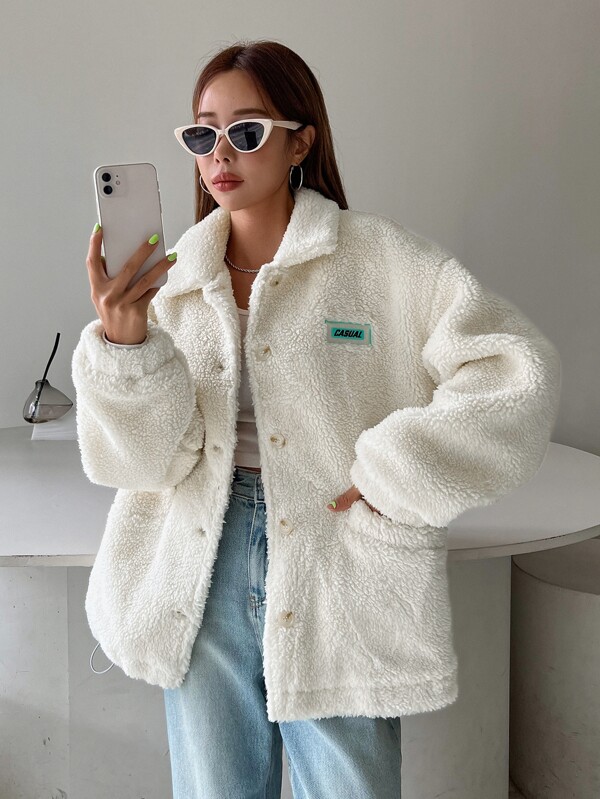 DAZY Letter Patched Drawstring Hem Button Up Teddy Coat ,Winter Women Clothes,Winter Coat Women