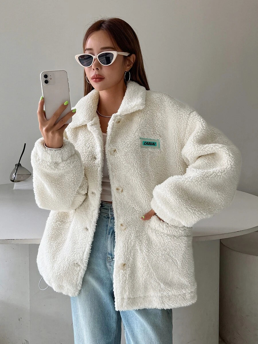 DAZY 字母拼接抽绳下摆纽扣泰迪熊外套，冬季女装，冬季女式外套，秋季女装，保暖内衬 - 白色 - 查看 1