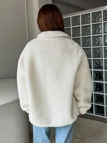 DAZY 字母拼接抽绳下摆纽扣泰迪熊外套，冬季女装，冬季女式外套，秋季女装，保暖内衬 - 白色 - 查看 2