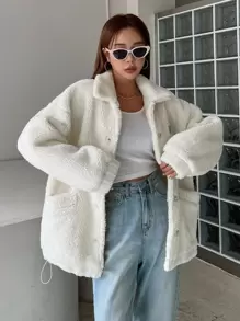 DAZY 字母拼接抽绳下摆纽扣泰迪熊外套，冬季女装，冬季女式外套，秋季女装，保暖内衬 - 白色 - 查看 3