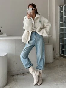 DAZY 字母拼接抽绳下摆纽扣泰迪熊外套，冬季女装，冬季女式外套，秋季女装，保暖内衬 - 白色 - 查看 4