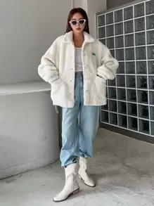 DAZY 字母拼接抽绳下摆纽扣泰迪熊外套，冬季女装，冬季女式外套，秋季女装，保暖内衬 - 白色 - 查看 5