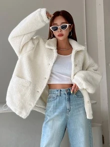 DAZY 字母拼接抽绳下摆纽扣泰迪熊外套，冬季女装，冬季女式外套，秋季女装，保暖内衬 - 白色 - 查看 6