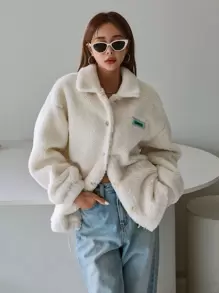 DAZY 字母拼接抽绳下摆纽扣泰迪熊外套，冬季女装，冬季女式外套，秋季女装，保暖内衬 - 白色 - 查看 7