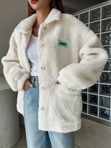 DAZY 字母拼接抽绳下摆纽扣泰迪熊外套，冬季女装，冬季女式外套，秋季女装，保暖内衬 - 白色 - 查看 8