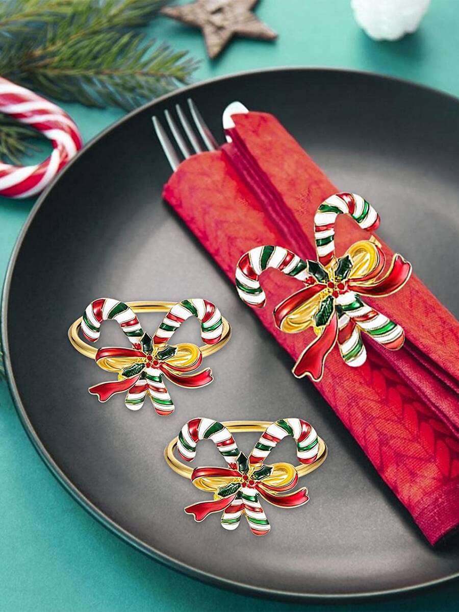 1pc Christmas Candy Cane & Bow Design Napkin Ring - Multicolor - View 1