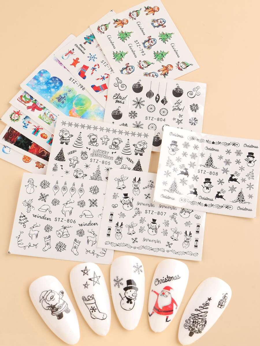 FULL BEAUTY 12 Sheets Christmas & New Year Themed Water Decal Nail Art Stickers (non-adhesive) - Multicolor - View 1