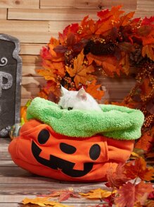 1 pieza Cama de mascota de peluche con forma de calabaza, temática de Halloween