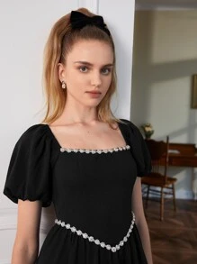 SHEIN MOD فستان اكمام منتفخة مقلم دانتيل