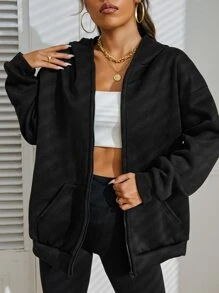 INAWLY Cazadora unicolor de hombros caídos con cremallera con capucha - Negro - Ver 1