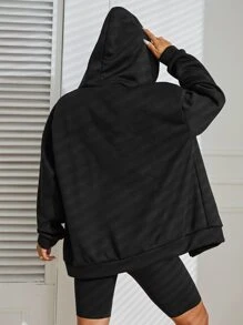 INAWLY Cazadora unicolor de hombros caídos con cremallera con capucha - Negro - Ver 2