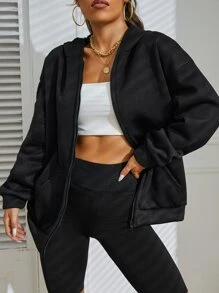 INAWLY Cazadora unicolor de hombros caídos con cremallera con capucha - Negro - Ver 4