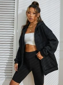 INAWLY Cazadora unicolor de hombros caídos con cremallera con capucha - Negro - Ver 5