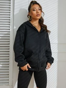 INAWLY Cazadora unicolor de hombros caídos con cremallera con capucha - Negro - Ver 6