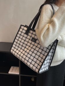 Bolso tote de hombro con diseño a cuadros, decoración de parches con letras, con encuadernación en contraste, bolso de mano de gran capacidad para el trabajo y los viajes - Blanco y Negro - Ver 2